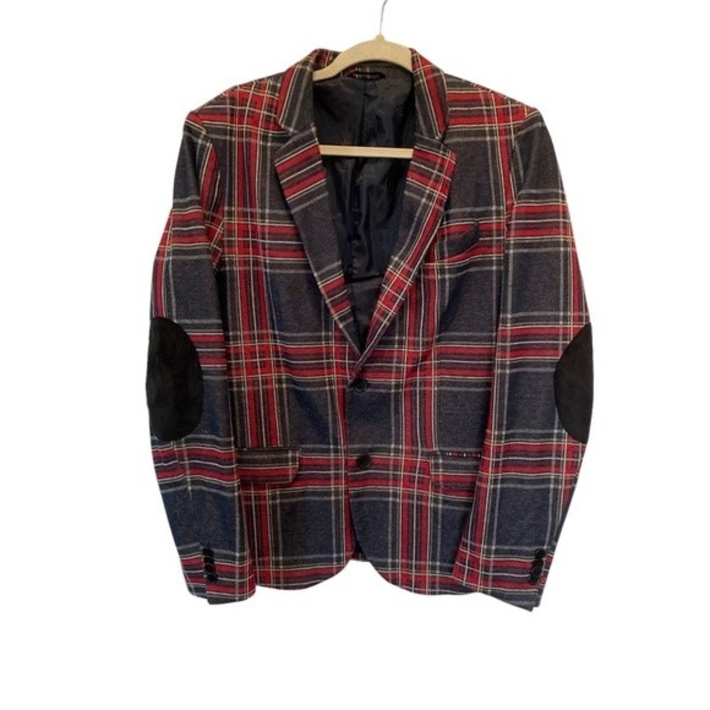 Zara Men’s Navy Plaid Tartan Elbow Patch Blazer 38R Holiday